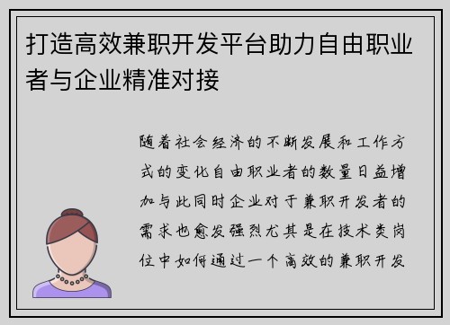 打造高效兼职开发平台助力自由职业者与企业精准对接