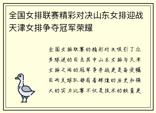 全国女排联赛精彩对决山东女排迎战天津女排争夺冠军荣耀