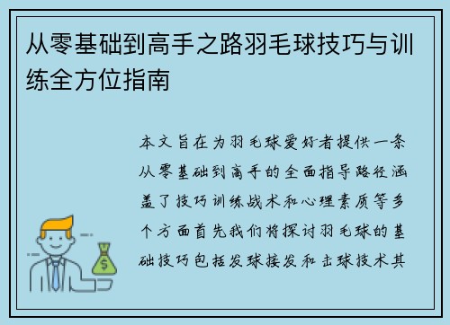 从零基础到高手之路羽毛球技巧与训练全方位指南