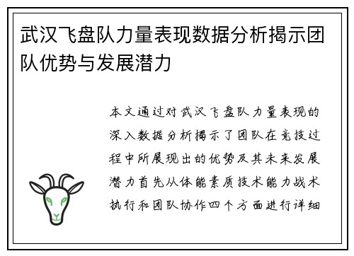 武汉飞盘队力量表现数据分析揭示团队优势与发展潜力