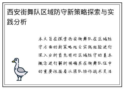 西安街舞队区域防守新策略探索与实践分析