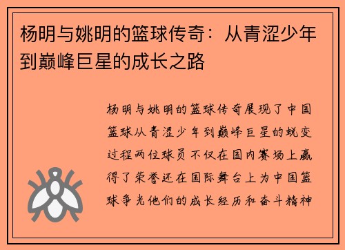 杨明与姚明的篮球传奇：从青涩少年到巅峰巨星的成长之路