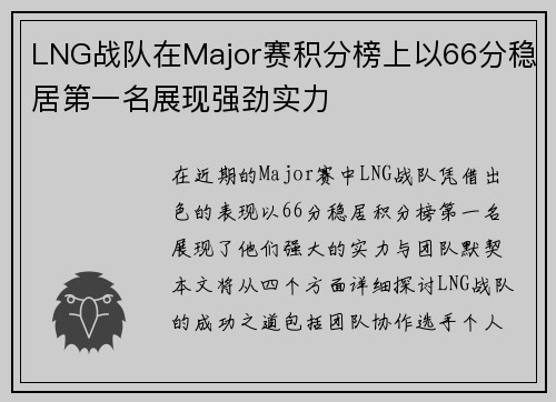 LNG战队在Major赛积分榜上以66分稳居第一名展现强劲实力