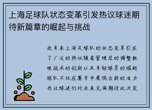 上海足球队状态变革引发热议球迷期待新篇章的崛起与挑战