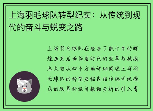 上海羽毛球队转型纪实：从传统到现代的奋斗与蜕变之路
