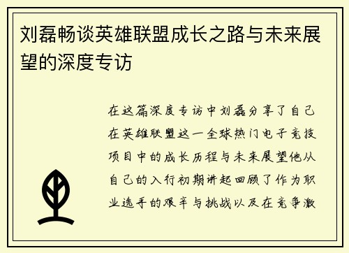 刘磊畅谈英雄联盟成长之路与未来展望的深度专访